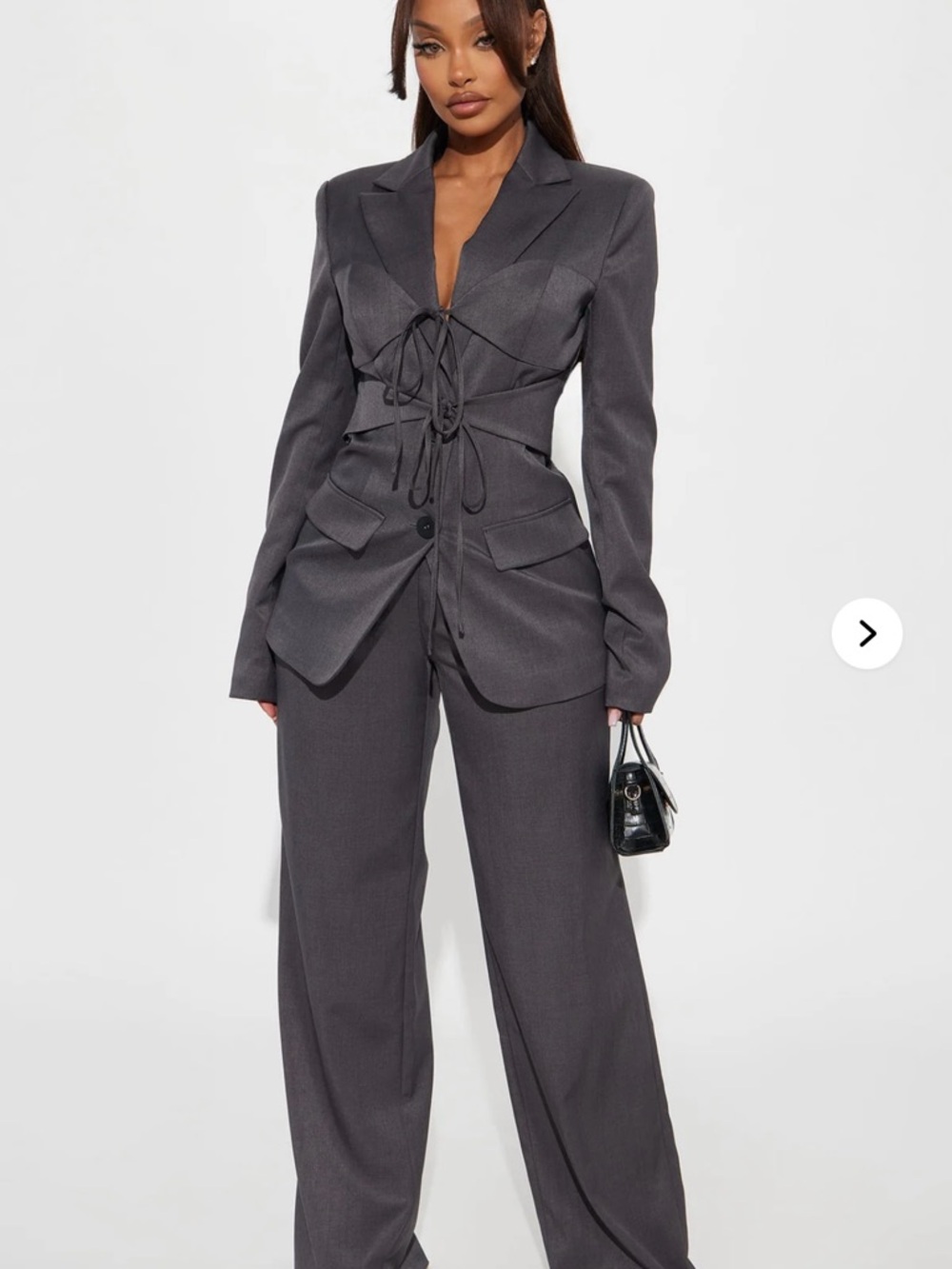 Charcoal Tie-Front Blazer & Wide-Leg Pants Set